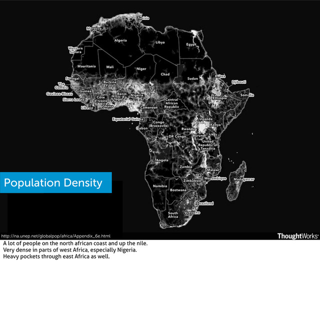 http://na.unep.net/globalpop/africa/Appendix_6e.html
Population Density
A lot of people on the north african coast and up the nile.
Very dense in parts of west Africa, especially Nigeria.
Heavy pockets through east Africa as well.
