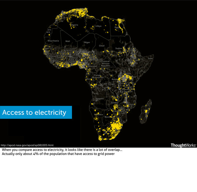 http://apod.nasa.gov/apod/ap081005.html
Access to electricity
When you compare access to electricity, it looks like there is a lot of overlap...
Actually only about 4% of the population that have access to grid power
