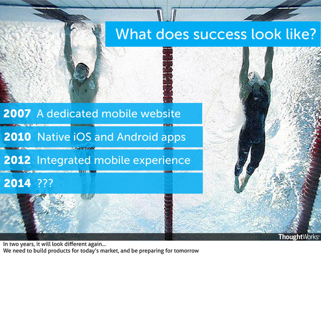 2010 Native iOS and Android apps
2007 A dedicated mobile website
2012 Integrated mobile experience
What does success look like?
2014 ???
In two years, it will look diﬀerent again...
We need to build products for today’s market, and be preparing for tomorrow
