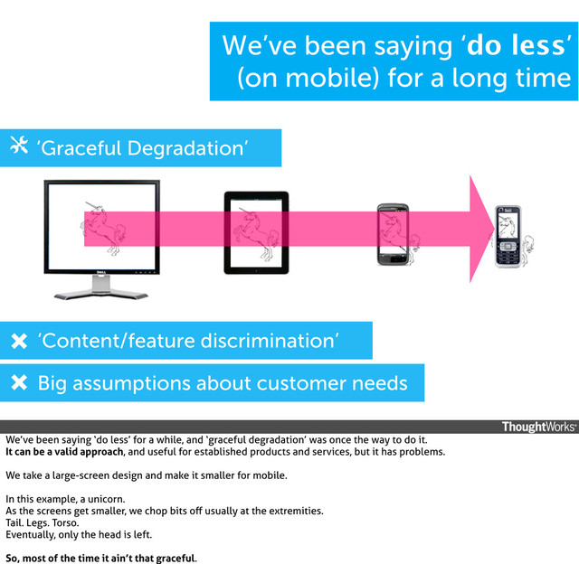 ‘Content/feature discrimination’
‘Graceful Degradation’
Big assumptions about customer needs
We’ve been saying ‘do less’
(on mobile) for a long time
We’ve been saying ‘do less’ for a while, and ‘graceful degradation’ was once the way to do it.
It can be a valid approach, and useful for established products and services, but it has problems.
We take a large-screen design and make it smaller for mobile.
In this example, a unicorn.
As the screens get smaller, we chop bits oﬀ usually at the extremities.
Tail. Legs. Torso.
Eventually, only the head is left.
So, most of the time it ain’t that graceful.
