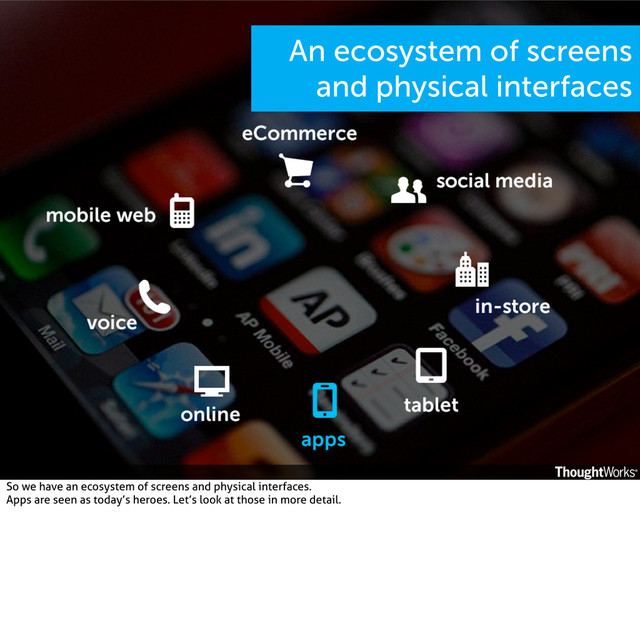 An ecosystem of screens
and physical interfaces
So we have an ecosystem of screens and physical interfaces.
Apps are seen as today’s heroes. Let’s look at those in more detail.

