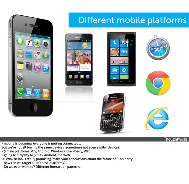 Diﬀerent mobile platforms
- mobile is booming, everyone is getting connected...
but we’re not all buying the same devices (sometimes not even similar devices)
- 5 main platforms: iOS, Android, Windows, Blackberry, Web
- going to simplify to 3: iOS, Android, the Web
-> Win7/8 looks really promising, make your conclusions about the future of Blackberry
- how can we target all of these platforms?
- Do we even want to? Diﬀerent interaction patterns.

