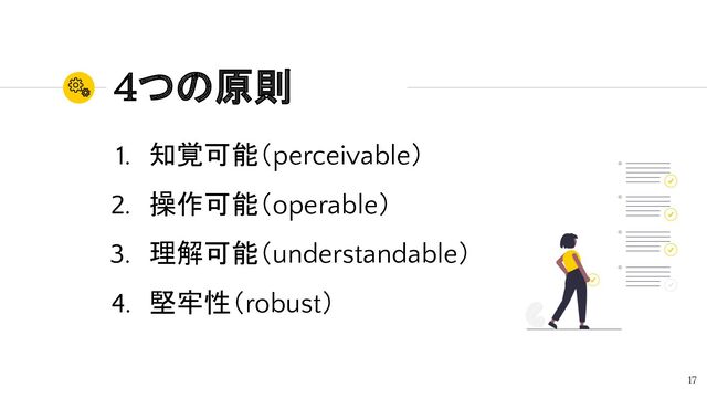 ４つの原則
1. 知覚可能（perceivable）
2. 操作可能（operable）
3. 理解可能（understandable）
4. 堅牢性（robust）
17
