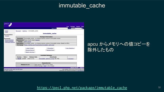 immutable_cache
52
https://pecl.php.net/package/immutable_cache
apcu からメモリへの値コピーを
除外したもの
