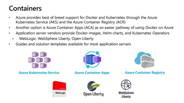 Containers
• Azure provides best of breed support for Docker and Kubernetes through the Azure
Kubernetes Service (AKS) and the Azure Container Registry (ACR)
• Another option is Azure Container Apps (ACA) as an easier pathway of using Docker on Azure
• Application server vendors provide Docker images, Helm charts, and Kubernetes Operators
• WebLogic, WebSphere Liberty, Open Liberty
• Guides and solution templates available for most application servers
Azure Kubernetes Service Azure Container Apps Azure Container Registry
