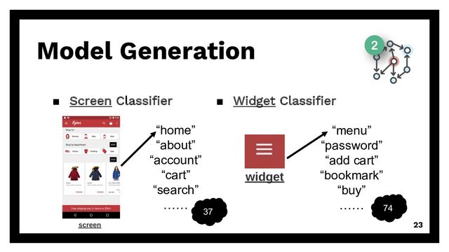 ▪ Widget Classifier
23
Model Generation
▪ Screen Classifier
“home”
“about”
“account”
“cart”
“search”
……
“menu”
“password”
“add cart”
“bookmark”
“buy”
……
37 74

