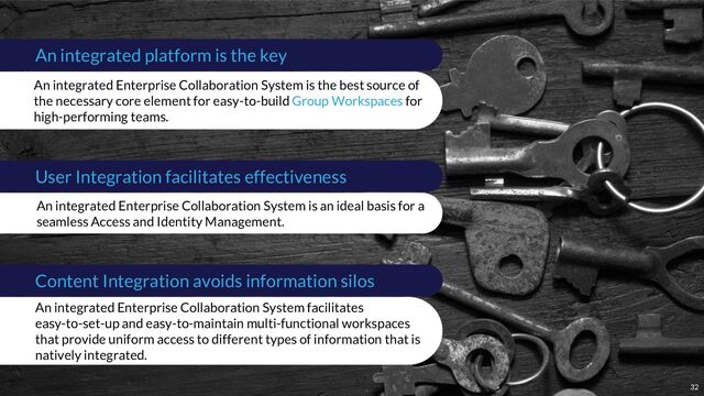 An integrated platform is the key
An integrated Enterprise Collaboration System is the best source of
the necessary core element for easy-to-build Group Workspaces for
high-performing teams.
User Integration facilitates effectiveness
An integrated Enterprise Collaboration System is an ideal basis for a
seamless Access and Identity Management.
32
Content Integration avoids information silos
An integrated Enterprise Collaboration System facilitates
easy-to-set-up and easy-to-maintain multi-functional workspaces
that provide uniform access to different types of information that is
natively integrated.
