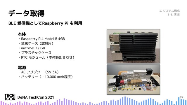 ・Raspberry Pi4 Model B 4GB
・金属ケース（放熱用）
・microSD 32 GB
・プラスチックケース
・RTC モジュール（本体時刻合わせ）
・AC アダプター（5V 3A）
・バッテリー（~ 10,000 mAh程度）
25
3. システム構成
3-3. 実装
