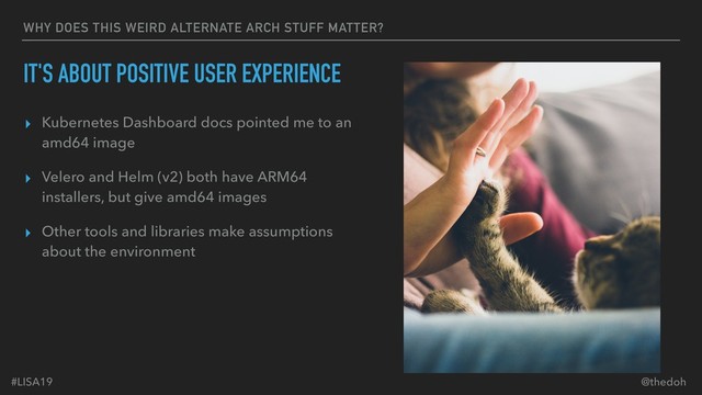 #LISA19 @thedoh
WHY DOES THIS WEIRD ALTERNATE ARCH STUFF MATTER?
IT'S ABOUT POSITIVE USER EXPERIENCE
▸ Kubernetes Dashboard docs pointed me to an
amd64 image
▸ Velero and Helm (v2) both have ARM64
installers, but give amd64 images
▸ Other tools and libraries make assumptions
about the environment

