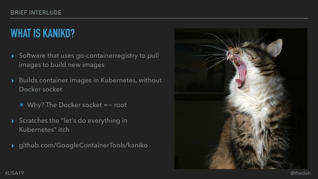 #LISA19 @thedoh
BRIEF INTERLUDE
WHAT IS KANIKO?
▸ Software that uses go-containerregistry to pull
images to build new images
▸ Builds container images in Kubernetes, without
Docker socket
✴ Why? The Docker socket =~ root
▸ Scratches the "let's do everything in
Kubernetes" itch
▸ github.com/GoogleContainerTools/kaniko
