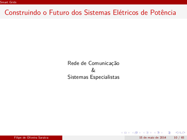 Smart Grids
Construindo o Futuro dos Sistemas Elétricos de Potência
Rede de Comunicação
&
Sistemas Especialistas
Filipe de Oliveira Saraiva 15 de maio de 2014 10 / 65
