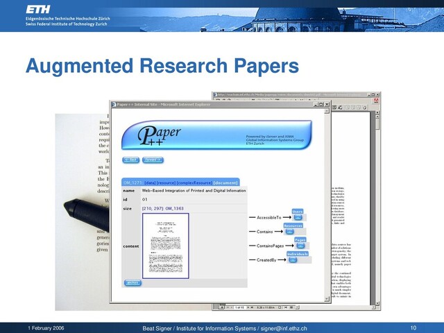 1 February 2006 Beat Signer / Institute for Information Systems / signer@inf.ethz.ch 10
Augmented Research Papers
