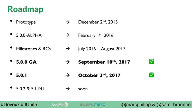 @marcphilipp & @sam_brannen
#Devoxx #JUnit5
Roadmap
•  Prototype à December 2nd, 2015
•  5.0.0-ALPHA à February 1st, 2016
•  Milestones & RCs à July 2016 – August 2017
•  5.0.0 GA à September 10th, 2017 ✅
•  5.0.1 à October 3rd, 2017 ✅
•  5.0.2 & 5.1 M1 à soon
