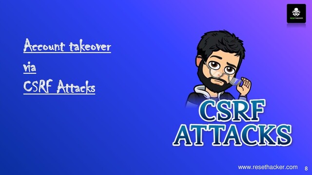 Account takeover
via
CSRF Attacks
8
www.resethacker.com
