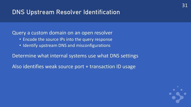 DNS Upstream Resolver Identification
Query a custom domain on an open resolver
• Encode the source IPs into the query response
• Identify upstream DNS and misconfigurations
Determine what internal systems use what DNS settings
Also identifies weak source port + transaction ID usage
31
