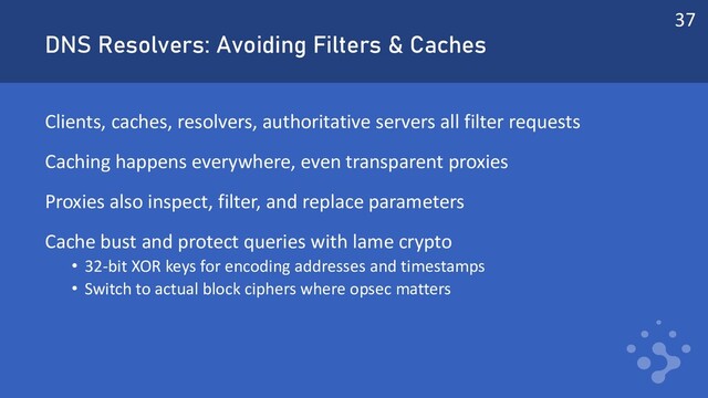 DNS Resolvers: Avoiding Filters & Caches
Clients, caches, resolvers, authoritative servers all filter requests
Caching happens everywhere, even transparent proxies
Proxies also inspect, filter, and replace parameters
Cache bust and protect queries with lame crypto
• 32-bit XOR keys for encoding addresses and timestamps
• Switch to actual block ciphers where opsec matters
37
