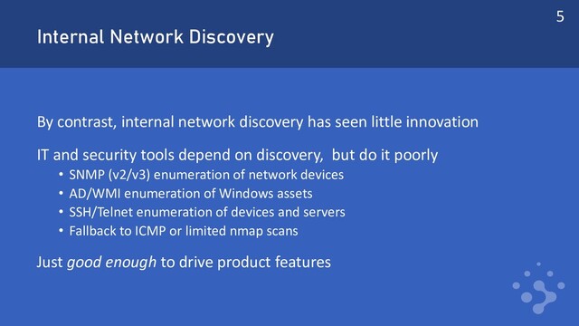 Internal Network Discovery
By contrast, internal network discovery has seen little innovation
IT and security tools depend on discovery, but do it poorly
• SNMP (v2/v3) enumeration of network devices
• AD/WMI enumeration of Windows assets
• SSH/Telnet enumeration of devices and servers
• Fallback to ICMP or limited nmap scans
Just good enough to drive product features
5
