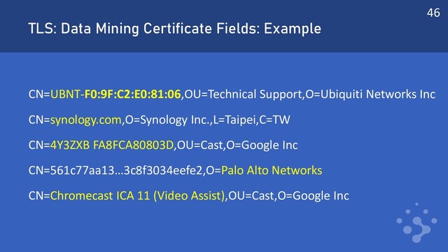 TLS: Data Mining Certificate Fields: Example
CN=UBNT-F0:9F:C2:E0:81:06,OU=Technical Support,O=Ubiquiti Networks Inc
CN=synology.com,O=Synology Inc.,L=Taipei,C=TW
CN=4Y3ZXB FA8FCA80803D,OU=Cast,O=Google Inc
CN=561c77aa13…3c8f3034eefe2,O=Palo Alto Networks
CN=Chromecast ICA 11 (Video Assist),OU=Cast,O=Google Inc
46
