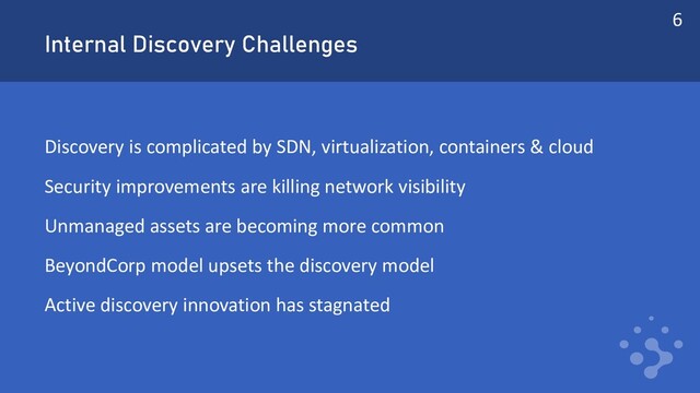 Internal Discovery Challenges
Discovery is complicated by SDN, virtualization, containers & cloud
Security improvements are killing network visibility
Unmanaged assets are becoming more common
BeyondCorp model upsets the discovery model
Active discovery innovation has stagnated
6
