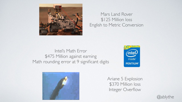@ablythe
Mars Land Rover
$125 Million loss
English to Metric Conversion
Intel’s Math Error
$475 Million against earning
Math rounding error at 9 signiﬁcant digits
Ariane 5 Explosion
$370 Million loss
Integer Overﬂow
