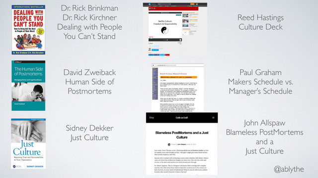 @ablythe
Reed Hastings
Culture Deck
Paul Graham
Makers Schedule vs.
Manager’s Schedule
John Allspaw
Blameless PostMortems
and a
Just Culture
Dr. Rick Brinkman
Dr. Rick Kirchner
Dealing with People
You Can’t Stand
David Zweiback
Human Side of
Postmortems
Sidney Dekker
Just Culture
