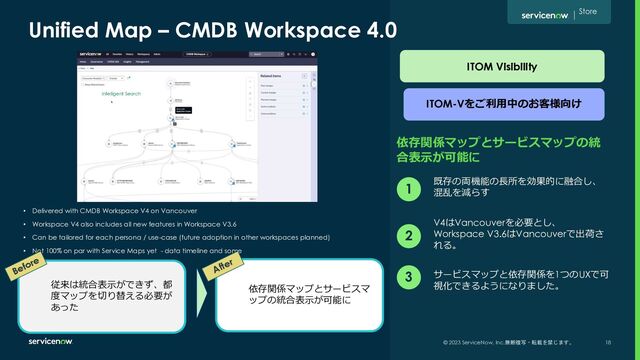 © 2023 ServiceNow, Inc.無断複写・転載を禁じます。 18
依存関係マップとサービスマップの統
合表⽰が可能に
Unified Map – CMDB Workspace 4.0
1
2
3
• Delivered with CMDB Workspace V4 on Vancouver
• Workspace V4 also includes all new features in Workspace V3.6
• Can be tailored for each persona / use-case (future adoption in other workspaces planned)
• Not 100% on par with Service Maps yet - data timeline and some
Intelligent Search
Store
従来は統合表⽰ができず、都
度マップを切り替える必要が
あった
Before
依存関係マップとサービスマ
ップの統合表⽰が可能に
After
既存の両機能の⻑所を効果的に融合し、
混乱を減らす
V4はVancouverを必要とし、
Workspace V3.6はVancouverで出荷さ
れる。
サービスマップと依存関係を1つのUXで可
視化できるようになりました。
ITOM-Vをご利⽤中のお客様向け
ITOM Visibility
