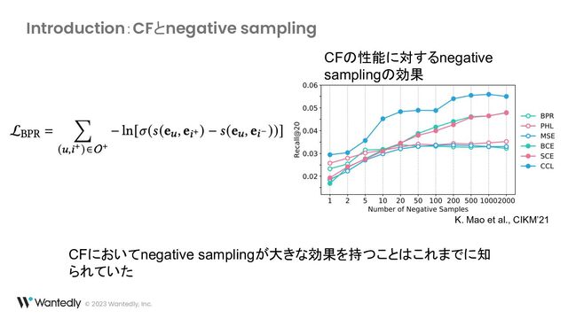 © 2023 Wantedly, Inc.
Introduction：CFとnegative sampling
K. Mao et al., CIKM’21
CFの性能に対するnegative
samplingの効果
CFにおいてnegative samplingが大きな効果を持つことはこれまでに知
られていた
