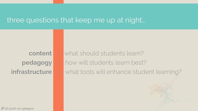  bit.ly/art-sci-glasgow
three questions that keep me up at night…
1 what should students learn?
2 how will students learn best?
3 what tools will enhance student learning?
content
pedagogy
infrastructure

