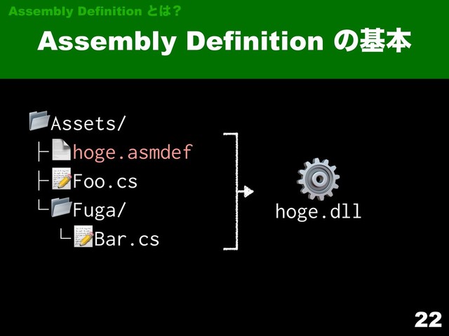 22
Assembly Definition ͷجຊ
Assembly Definition ͱ͸ʁ
Assets/
├hoge.asmdef
├Foo.cs
└Fuga/
└Bar.cs
⚙
hoge.dll
