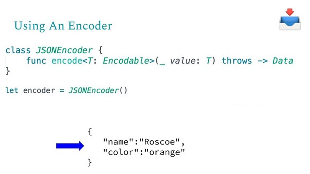 Using An Encoder
{
"name":"Roscoe",
"color":"orange"
}
