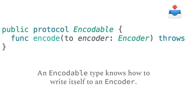 An Encodable type knows how to
write itself to an Encoder.

