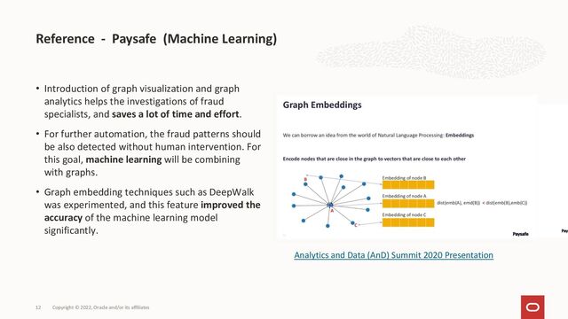 Reference - Paysafe (Machine Learning)
Copyright © 2022, Oracle and/or its affiliates
12
Analytics and Data (AnD) Summit 2020 Presentation
• Introduction of graph visualization and graph
analytics helps the investigations of fraud
specialists, and saves a lot of time and effort.
• For further automation, the fraud patterns should
be also detected without human intervention. For
this goal, machine learning will be combining
with graphs.
• Graph embedding techniques such as DeepWalk
was experimented, and this feature improved the
accuracy of the machine learning model
significantly.
