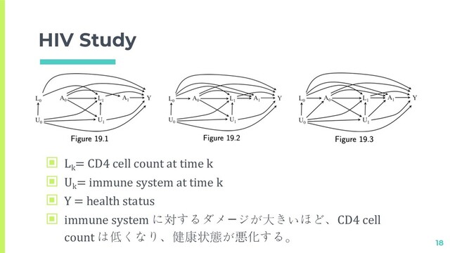 HIV Study
18
▣ Lk
= CD4 cell count at time k
▣ Uk
= immune system at time k
▣ Y = health status
▣ immune system に対するダメ⑲ジが大きいほど、CD4 cell
count は低くなり、健康状態が悪化する。

