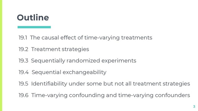 Outline
19.1 The causal effect of time-varying treatments
19.2 Treatment strategies
19.3 Sequentially randomized experiments
19.4 Sequential exchangeability
19.5 Identifiability under some but not all treatment strategies
19.6 Time-varying confounding and time-varying confounders
3
