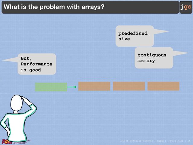 Javier Gonzalez-Sanchez | CSE205 | Fall 2021 | 16
jgs
What is the problem with arrays?
predefined
size
contiguous
memory
But,
Performance
is good
