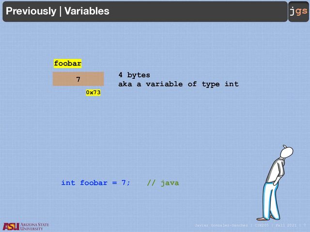 Javier Gonzalez-Sanchez | CSE205 | Fall 2021 | 7
jgs
Previously | Variables
int foobar = 7; // java
0x73
7
foobar
4 bytes
aka a variable of type int
