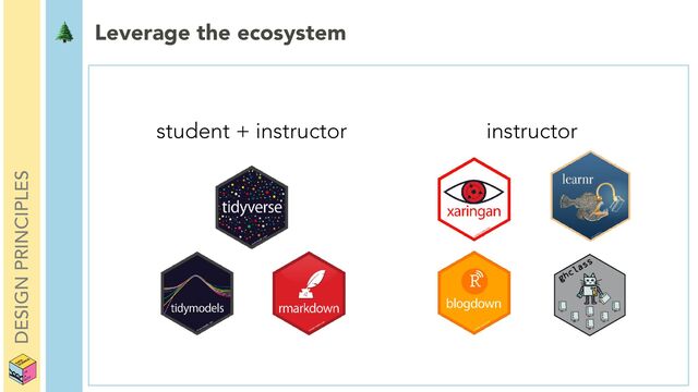 DESIGN PRINCIPLES
🌲 Leverage the ecosystem
student + instructor instructor
