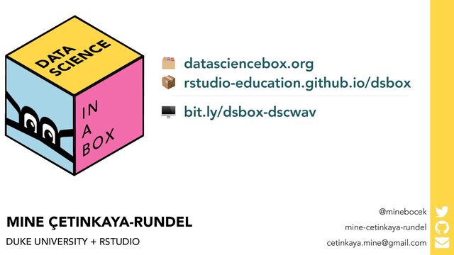 mine-cetinkaya-rundel
cetinkaya.mine@gmail.com
@minebocek
MINE ÇETINKAYA-RUNDEL
DUKE UNIVERSITY + RSTUDIO
🗂 datasciencebox.org


📦 rstudio-education.github.io/dsbox


🖥 bit.ly/dsbox-dscwav
