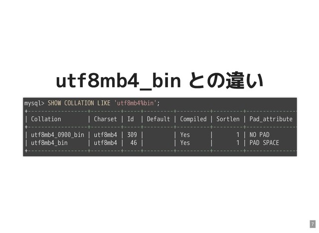 utf8mb4_bin との違い
utf8mb4_bin との違い
mysql> SHOW COLLATION LIKE 'utf8mb4%bin';
+------------------+---------+-----+---------+----------+---------+---------------+
| Collation | Charset | Id | Default | Compiled | Sortlen | Pad_attribute
+------------------+---------+-----+---------+----------+---------+---------------+
| utf8mb4_0900_bin | utf8mb4 | 309 | | Yes | 1 | NO PAD
| utf8mb4_bin | utf8mb4 | 46 | | Yes | 1 | PAD SPACE
+------------------+---------+-----+---------+----------+---------+---------------+
7
