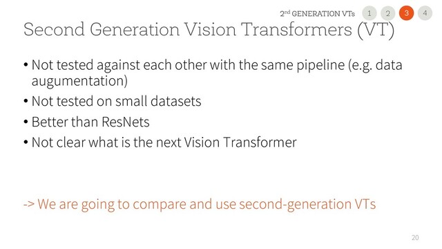 20
Second Generation Vision Transformers (VT)
• Not tested against each other with the same pipeline (e.g. data
augumentation)
• Not tested on small datasets
• Better than ResNets
• Not clear what is the next Vision Transformer
-> We are going to compare and use second-generation VTs
4
3
2nd GENERATION VTs 2
1
