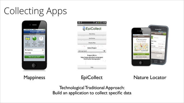 Technological Traditional Approach:	

Build an application to collect speciﬁc data
Mappiness EpiCollect Nature Locator
Collecting Apps
