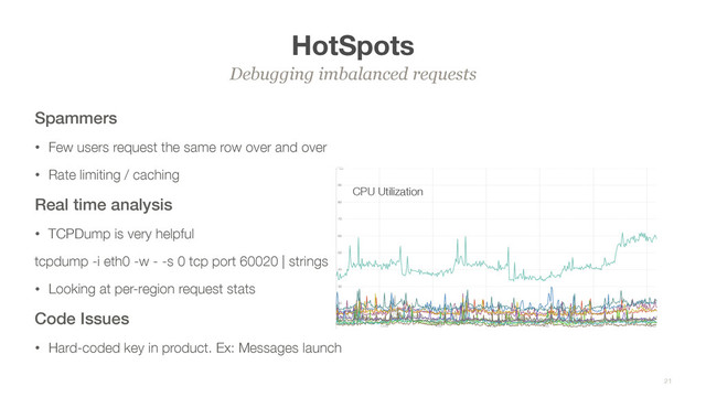 HotSpots
Spammers
• Few users request the same row over and over
• Rate limiting / caching
Real time analysis
• TCPDump is very helpful
tcpdump -i eth0 -w - -s 0 tcp port 60020 | strings
• Looking at per-region request stats
Code Issues
• Hard-coded key in product. Ex: Messages launch
Debugging imbalanced requests
21
CPU Utilization
