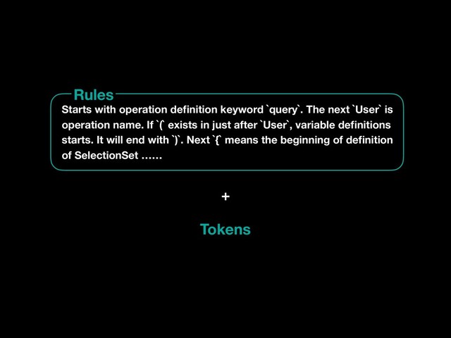 Tokens
Rules
+
Starts with operation deﬁnition keyword `query`. The next `User` is
operation name. If `(` exists in just after `User`, variable deﬁnitions
starts. It will end with `)`. Next `{` means the beginning of deﬁnition
of SelectionSet ……
