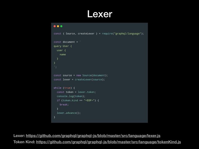 Lexer
Lexer: https://github.com/graphql/graphql-js/blob/master/src/language/lexer.js
Token Kind: https://github.com/graphql/graphql-js/blob/master/src/language/tokenKind.js
