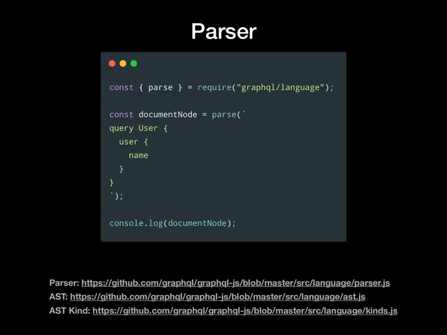Parser
Parser: https://github.com/graphql/graphql-js/blob/master/src/language/parser.js 
AST: https://github.com/graphql/graphql-js/blob/master/src/language/ast.js
AST Kind: https://github.com/graphql/graphql-js/blob/master/src/language/kinds.js
