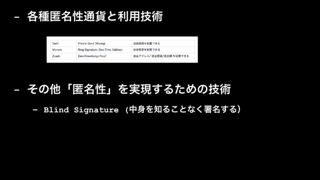 - ֤छಗ໊ੑ௨՟ͱར༻ٕज़
- ͦͷଞʮಗ໊ੑʯΛ࣮ݱ͢ΔͨΊͷٕज़
- Blind Signature (த਎Λ஌Δ͜ͱͳ͘ॺ໊͢Δʣ
