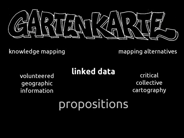 propositions
knowledge mapping
linked data
mapping alternatives
critical
collective
cartography
volunteered
geographic
information

