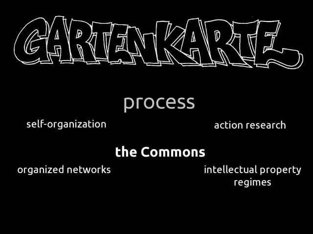 process
self-organization
organized networks
action research
the Commons
intellectual property
regimes

