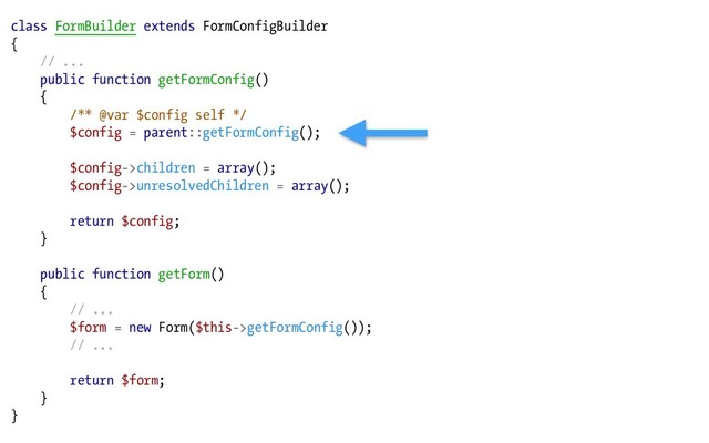 class FormBuilder extends FormConfigBuilder
{
// ...
public function getFormConfig()
{
/** @var $config self */
$config = parent::getFormConfig();
$config->children = array();
$config->unresolvedChildren = array();
return $config;
}
public function getForm()
{
// ...
$form = new Form($this->getFormConfig());
// ...
return $form;
}
}
