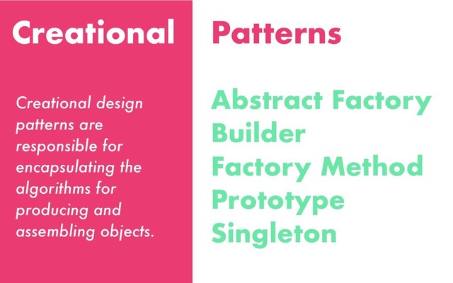 Creational
Abstract Factory
Builder
Factory Method
Prototype
Singleton
Creational design
patterns are
responsible for
encapsulating the
algorithms for
producing and
assembling objects.
Patterns
